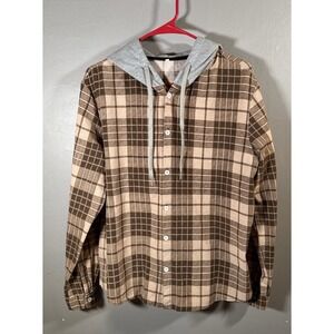 SHEIN Brown White Plaid Flannel Hoodie Button Down Shirt Jacket Womens Large